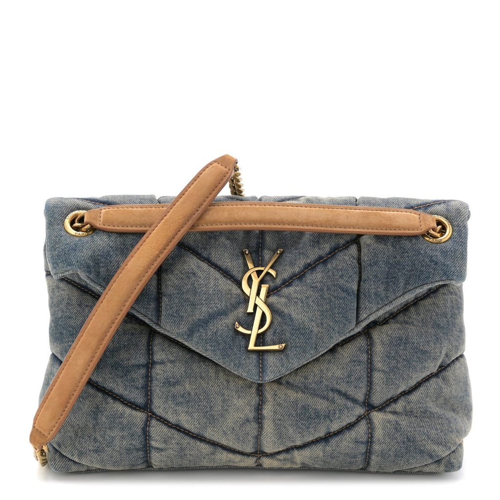 Denim Quilted Small Loulou Puffer Monogram Chain Satchel Blue Cinnamon
