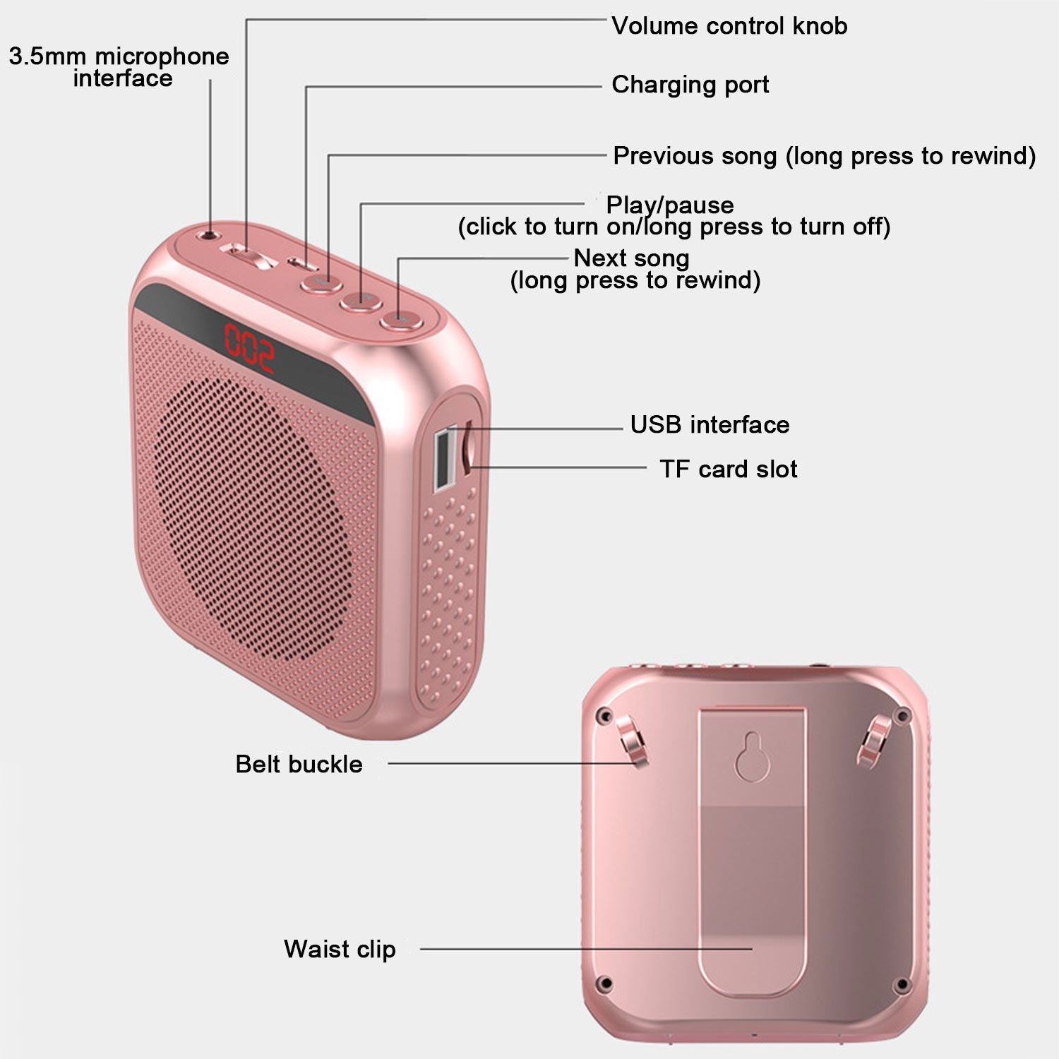 5W 2400mAh Voice Amplifier Multifunctional Portable Personal Voice Speaker with Microphone Display for Teachers Speech