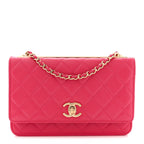 Lambskin Quilted Trendy CC Wallet On Chain WOC Dark Pink