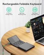 Foldable Bluetooth Keyboard with Touchpad - Portable Wireless Keyboard with Holder, Rechargeable Full Size Ultra Slim Pocket Folding Keyboards for Android Windows iOS Tablet & Laptop - Black