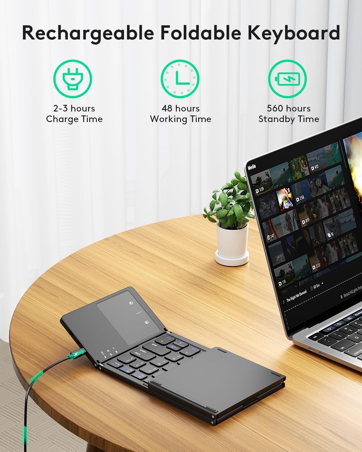 Foldable Bluetooth Keyboard with Touchpad - Portable Wireless Keyboard with Holder, Rechargeable Full Size Ultra Slim Pocket Folding Keyboards for Android Windows iOS Tablet & Laptop - Black