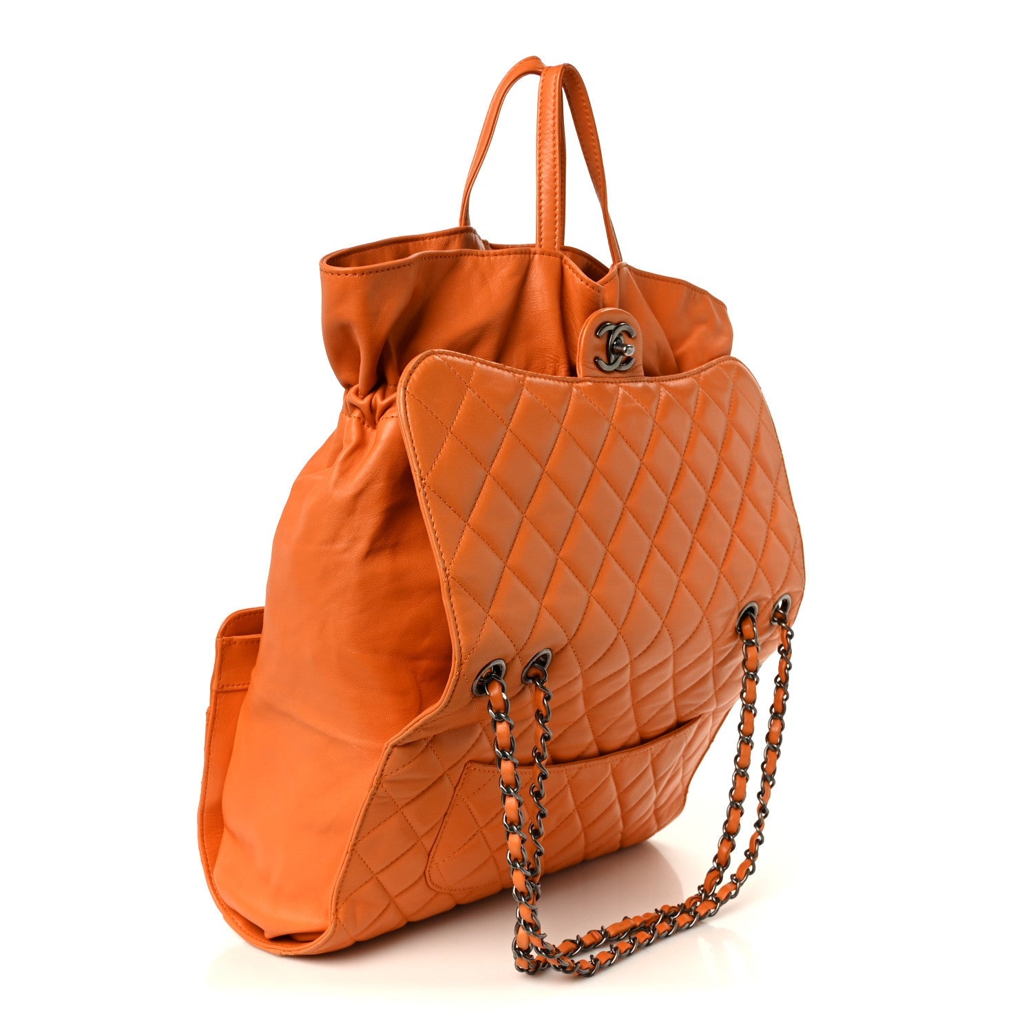 Lambskin Quilted Jumbo Grocery By Chanel Drawstring Shopping Bag Orange