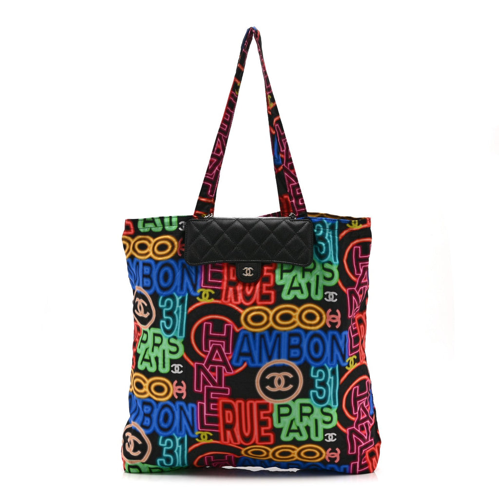 Caviar Fabric Graffiti Foldable Tote Bag With Chain Black Multicolor