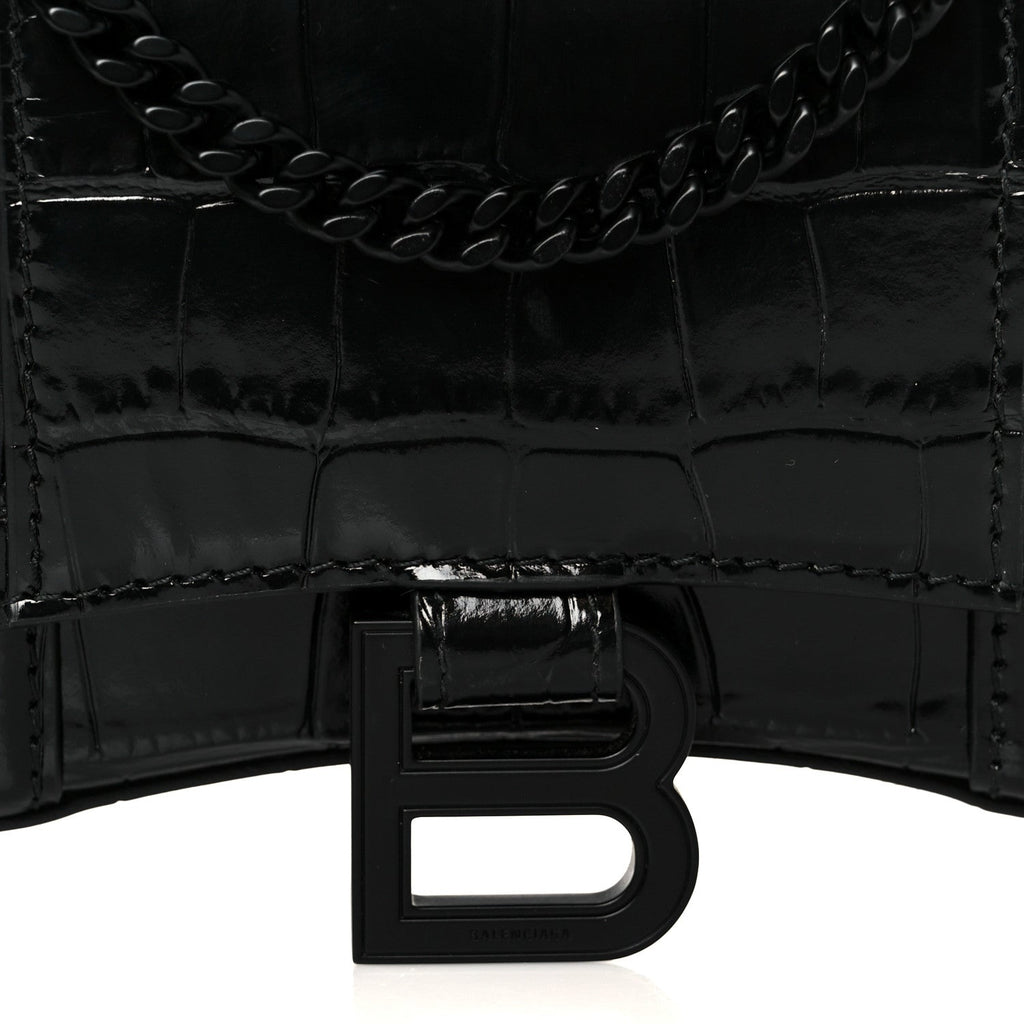 Shiny Calfskin Monochrome Crocodile Embossed Hourglass Chain Bag Black