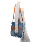 Denim Lavato Vitello King Logo Embroidered Frayed Tote Denim Chiaro Cuoio