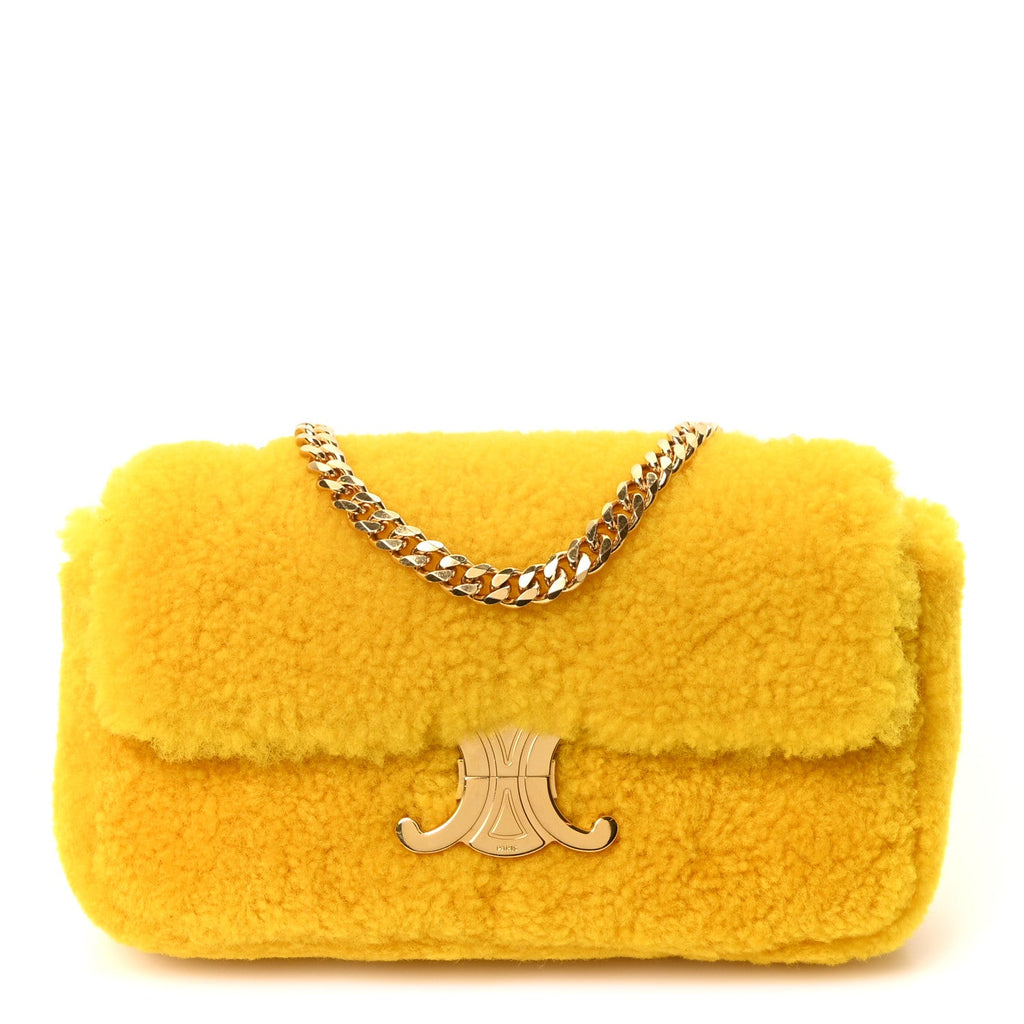 Fluffy Shearling Triomphe Claude Chain Shoulder Bag Yellow