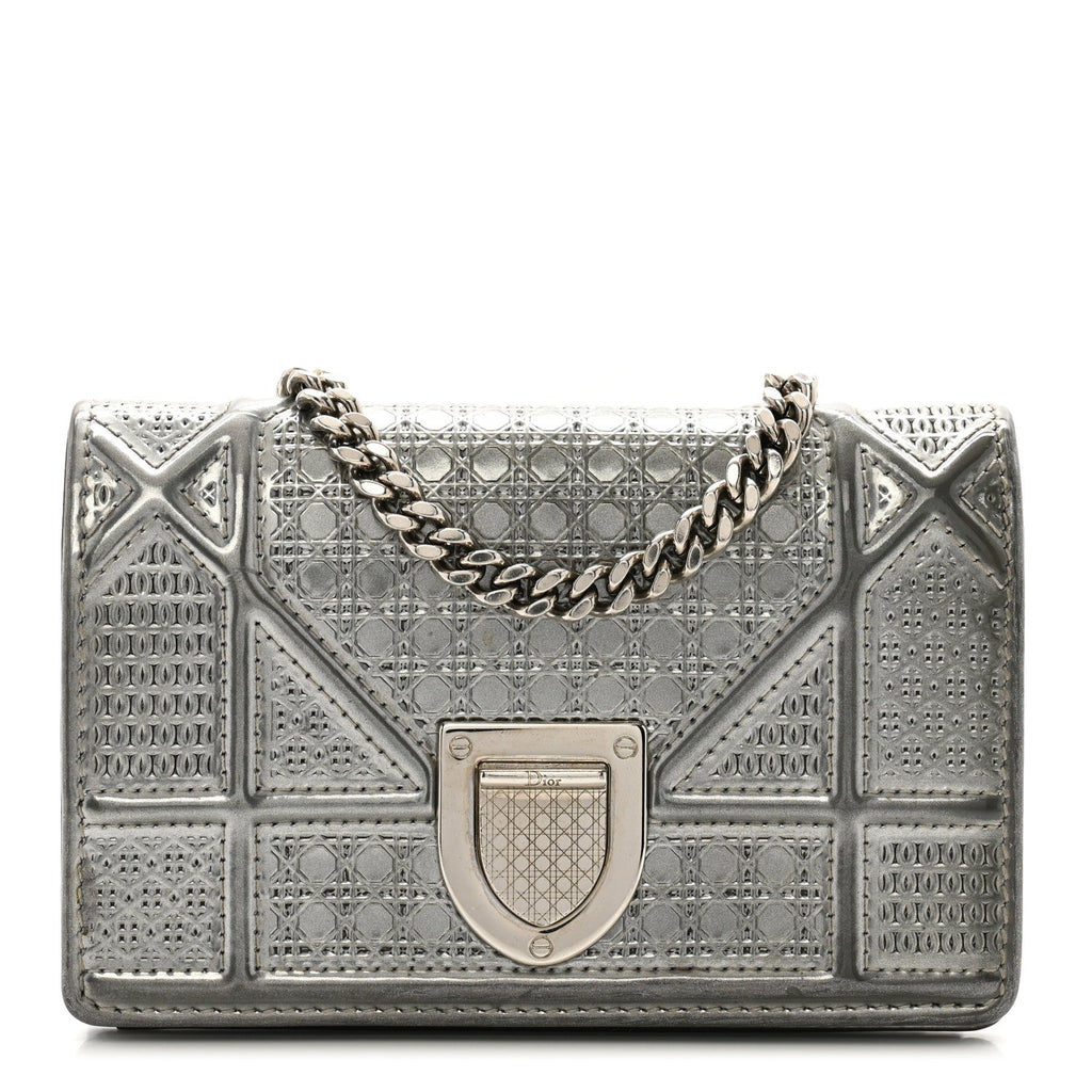 Metallic Patent Micro-Cannage Baby Diorama Flap Bag Silver
