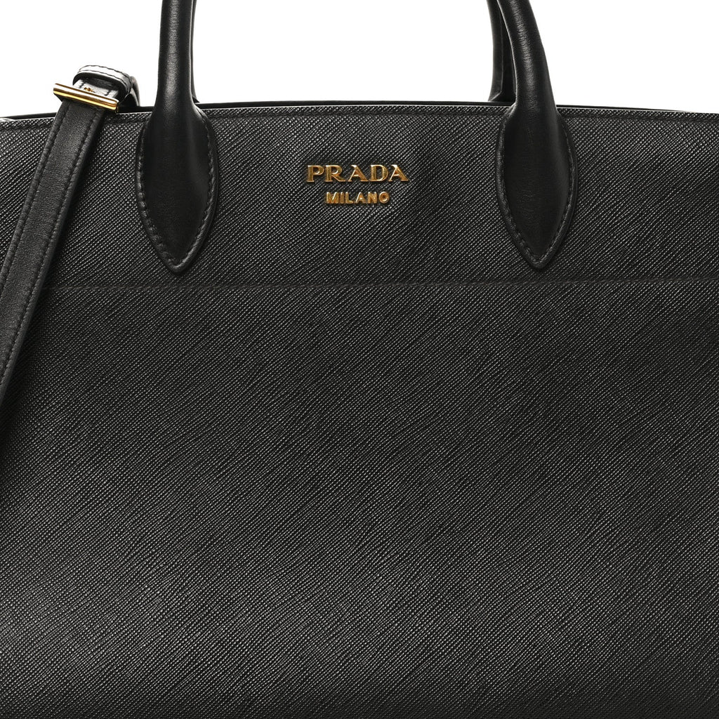 Saffiano City Calfskin Medium Bibliothèque Top Handle Black Fuoco