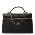 Goatskin Stitched Top Handle Slim Vanity With Chain Black