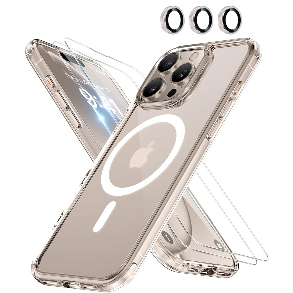 Entronix Bundle Compatible with iPhone 16 Pro Max - [Magnetic] Clear Case, 2 Clear Screen Protectors & 1 Metallic Camera Lens Protector