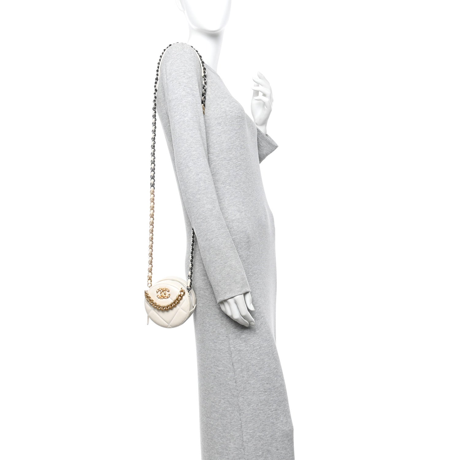 Lambskin Quilted Chanel 19 Round Clutch With Chain White