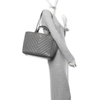 Calfskin Chevron Quilted Statement Shopping Tote Grey