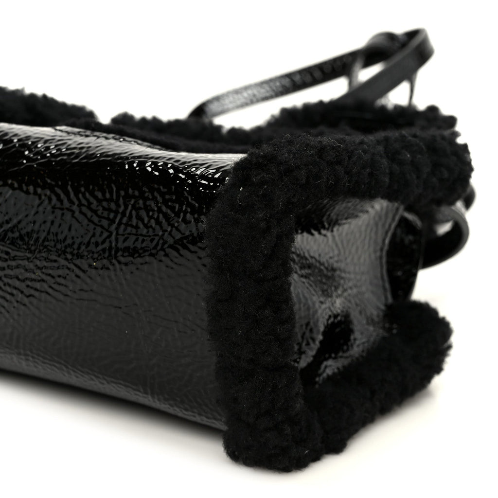 X UGG Crinkle Patent Shearling Small Shopping Bag Black