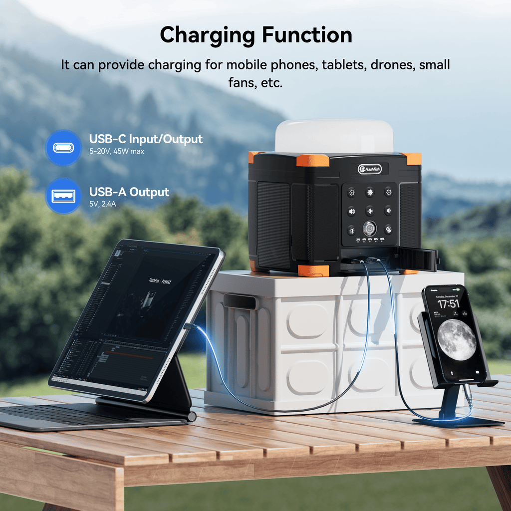 Multi-function Bluetooth Speaker | 56Wh Power Bank | Camping Light, 360° Surround Sound, USB-C, Bluetooth 5.0, 3-in-1 Power/Speaker/Home, Party, Outdoor Lighting
