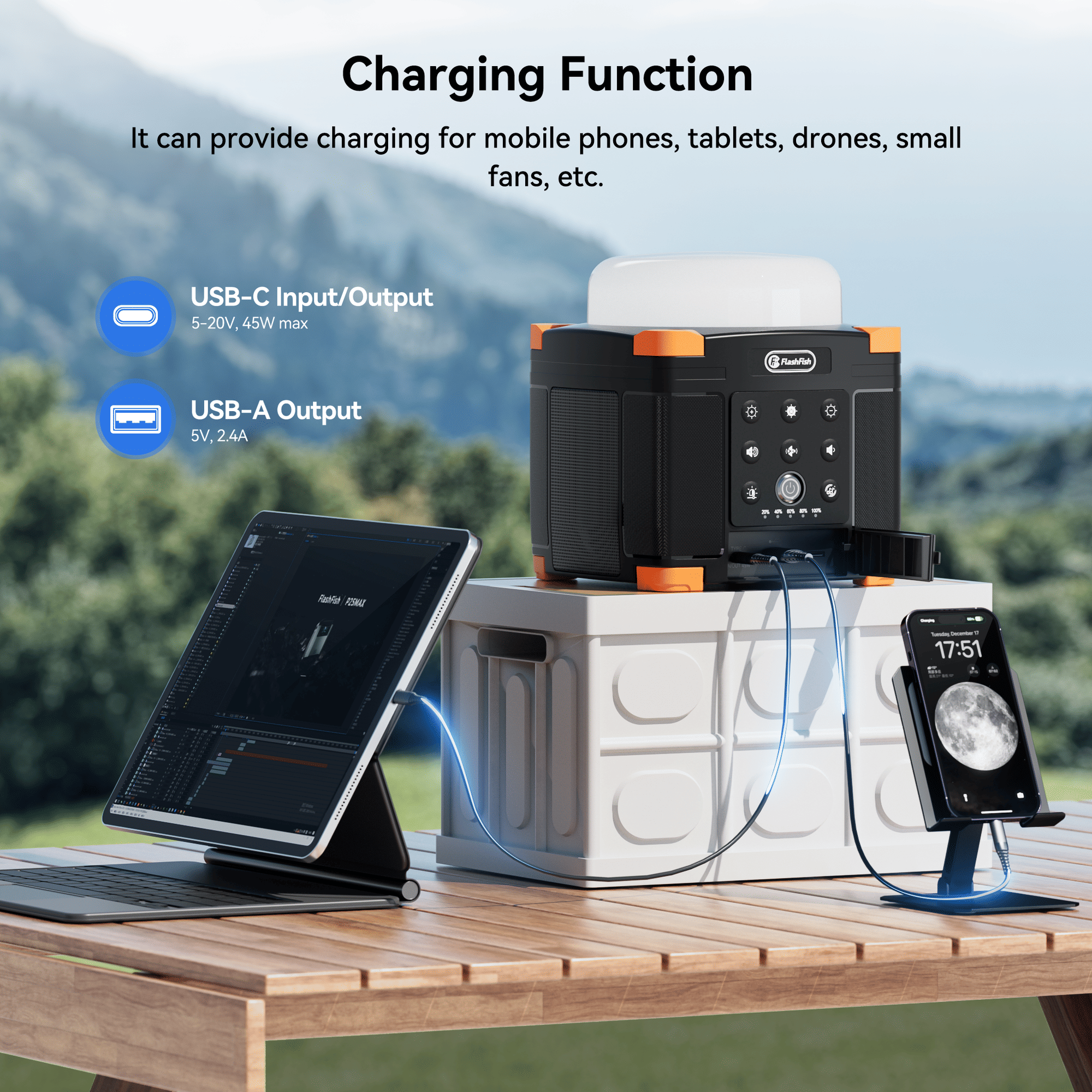 Multi-function Bluetooth Speaker | 56Wh Power Bank | Camping Light, 360° Surround Sound, USB-C, Bluetooth 5.0, 3-in-1 Power/Speaker/Home, Party, Outdoor Lighting