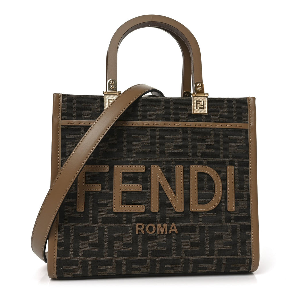 Fabric Jacquard FF 1974 Logo Small Fendi Sunshine Shopper Tote Tobacco Moro Sand