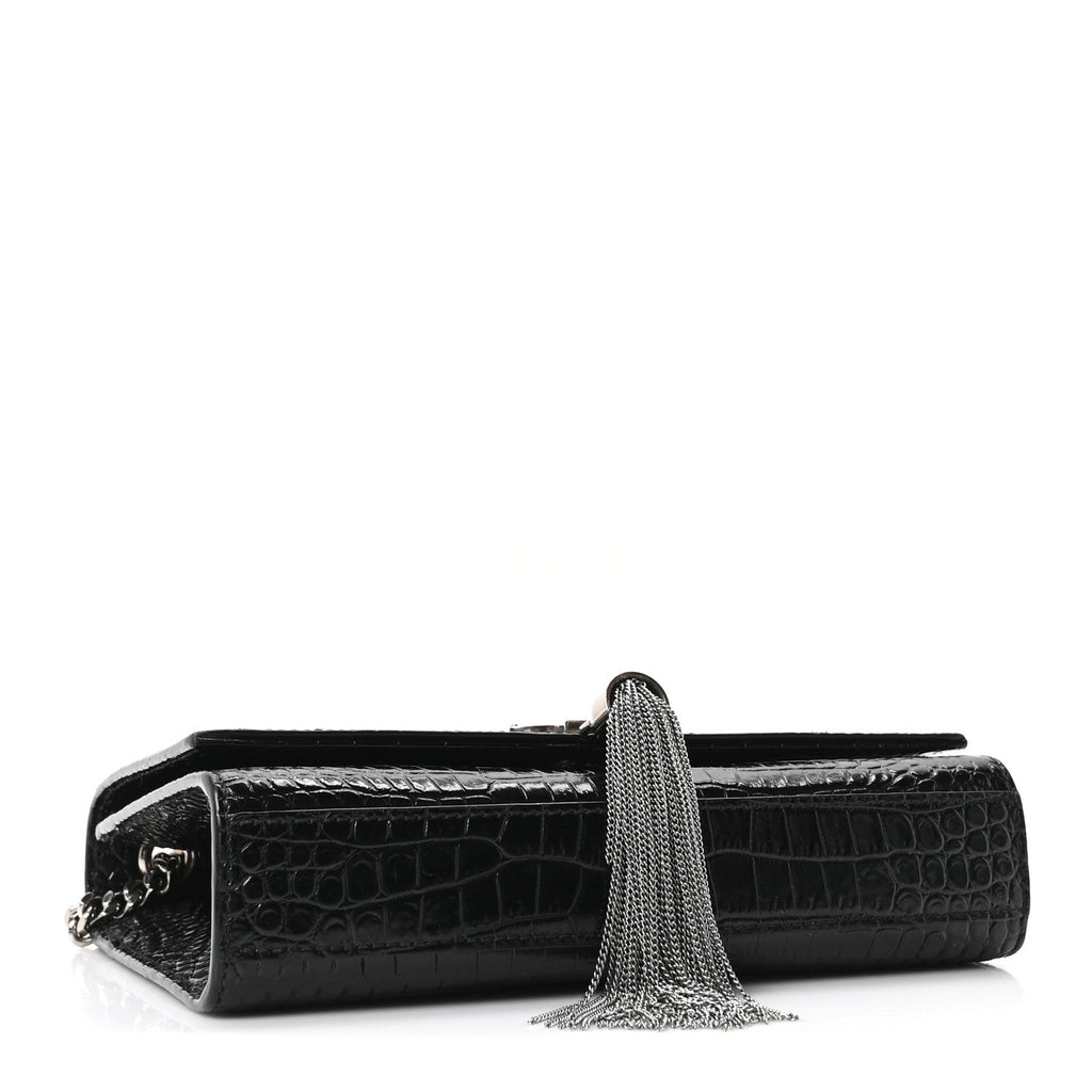Calfskin Crocodile Embossed Small Classic Monogram Kate Tassel Satchel Black