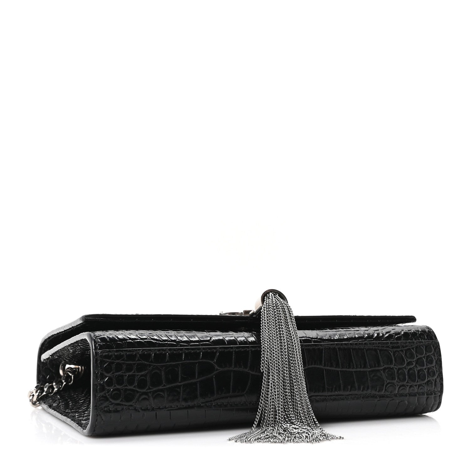 Calfskin Crocodile Embossed Small Classic Monogram Kate Tassel Satchel Black