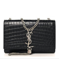 Calfskin Crocodile Embossed Small Classic Monogram Kate Tassel Satchel Black