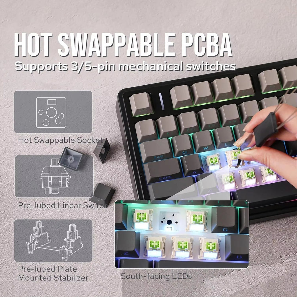 F75 Pro Wireless Mechanical Gaming Keyboard with Gasket Mount, RGB Lighting, Customized 75% Layout, and Side-Engraved PBT Keycaps - Leobog Reaper