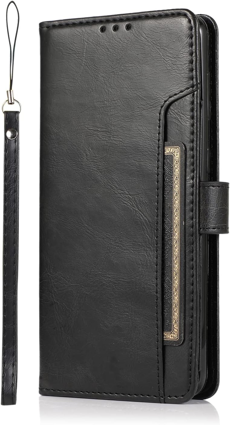 SAHARA - Bundle: Folio Black Leather Wallet Case with Tempered Glass Screen and Camera Protector - Samsung Galaxy S23