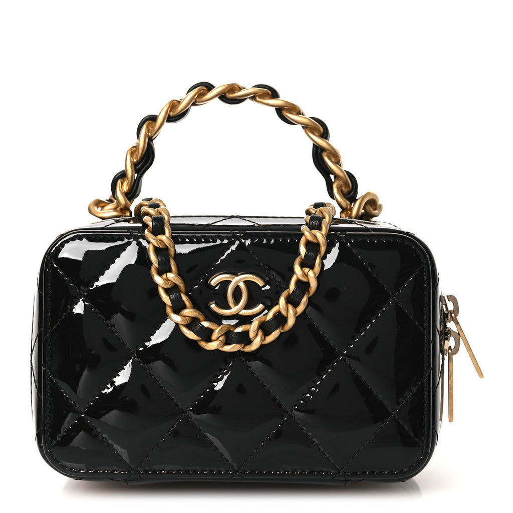 Patent Quilted Top Handle Mini Vanity Case Black