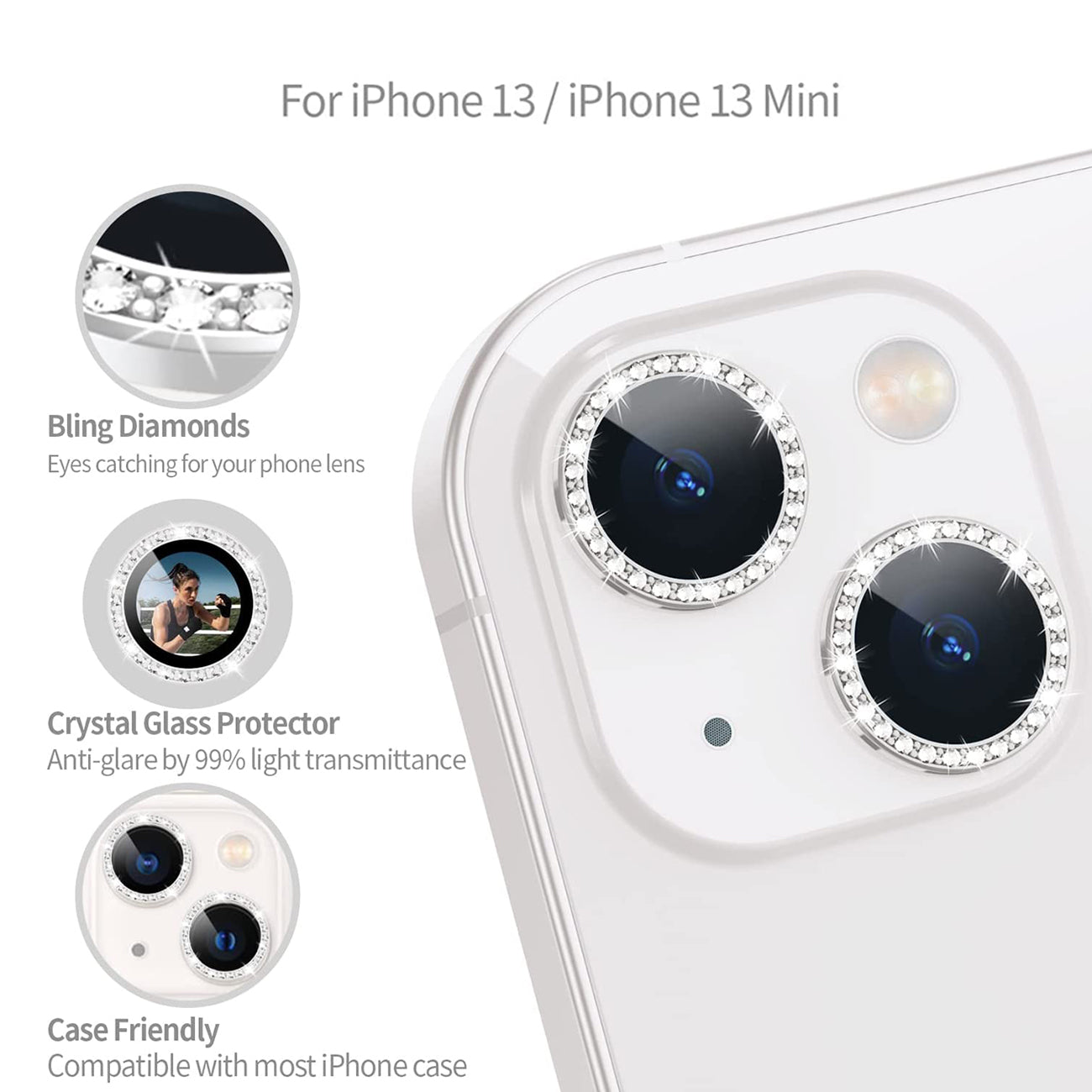 Diamond Camera Lens Protector, Diamond Tempered Glass Camera Cover Screen Protector For Iphone 14 / Iphone 14 Plus In Silver