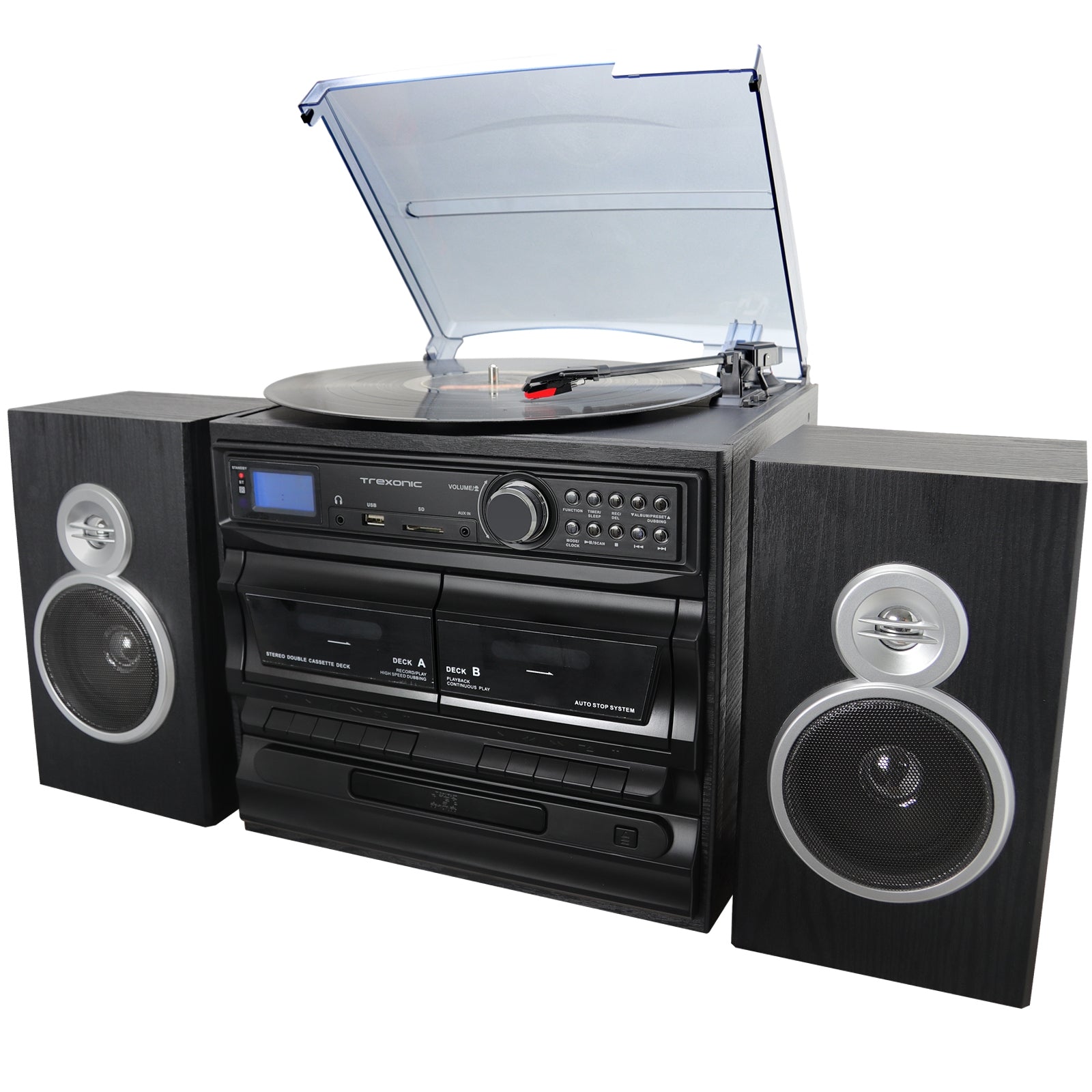 3-Speed Vinyl Turntable Home Stereo System with CD Player, Dual Cassette Player, Bluetooth, FM Radio & USB/SD Recording and Wired Shelf Speakers