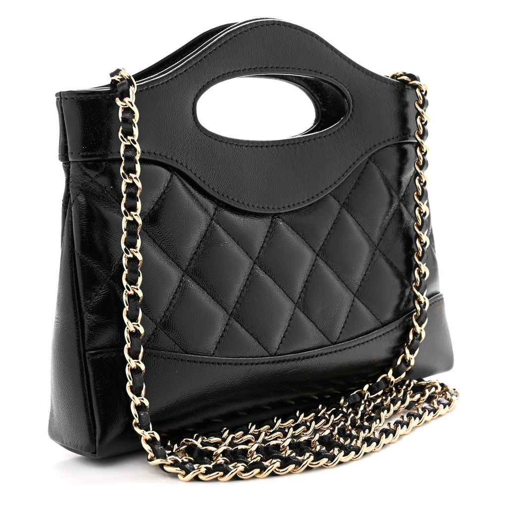 Shiny Crumpled Calfskin Quilted Nano 31 Shopping Bag Black
