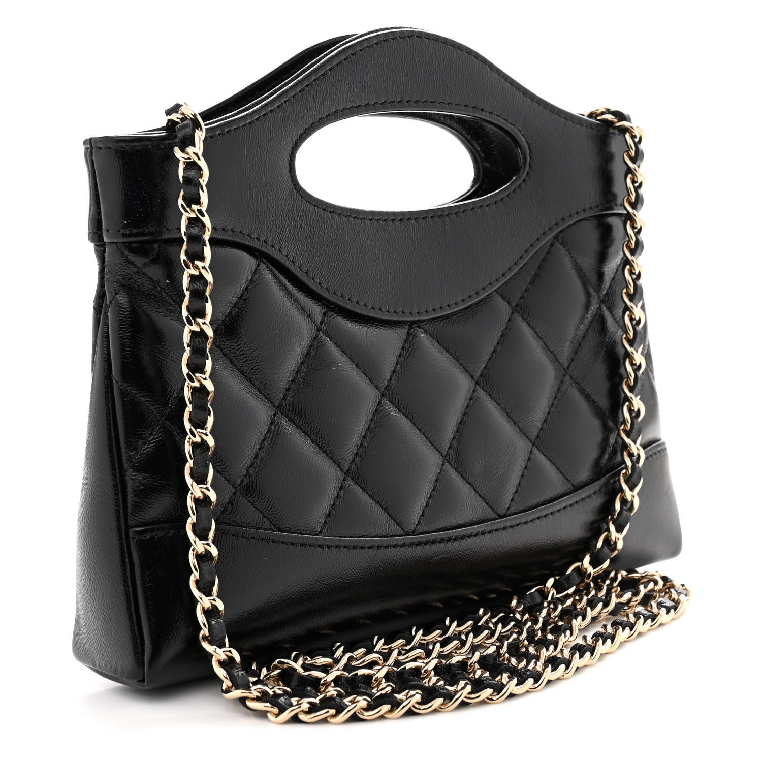 Shiny Crumpled Calfskin Quilted Nano 31 Shopping Bag Black