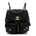 Shiny Caviar Quilted Medium Duma Pockets Drawstring Backpack Black