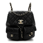 Shiny Caviar Quilted Medium Duma Pockets Drawstring Backpack Black