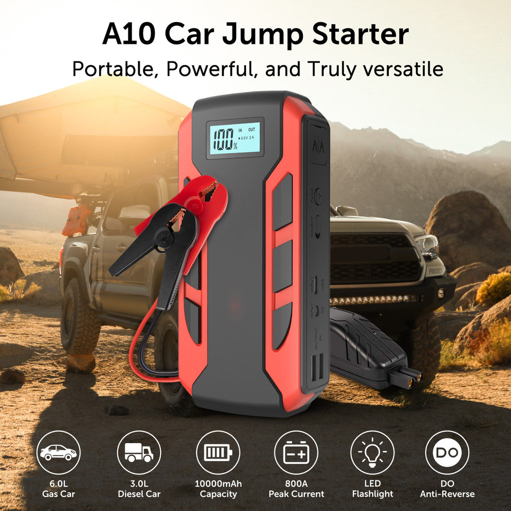 Alpha Digital Portable Car Jump Starter, 800A Peak 10,000mAh (6.0L Gas/ 3.0L Diesel), Power Bank, LED Flashlight – Black/Red