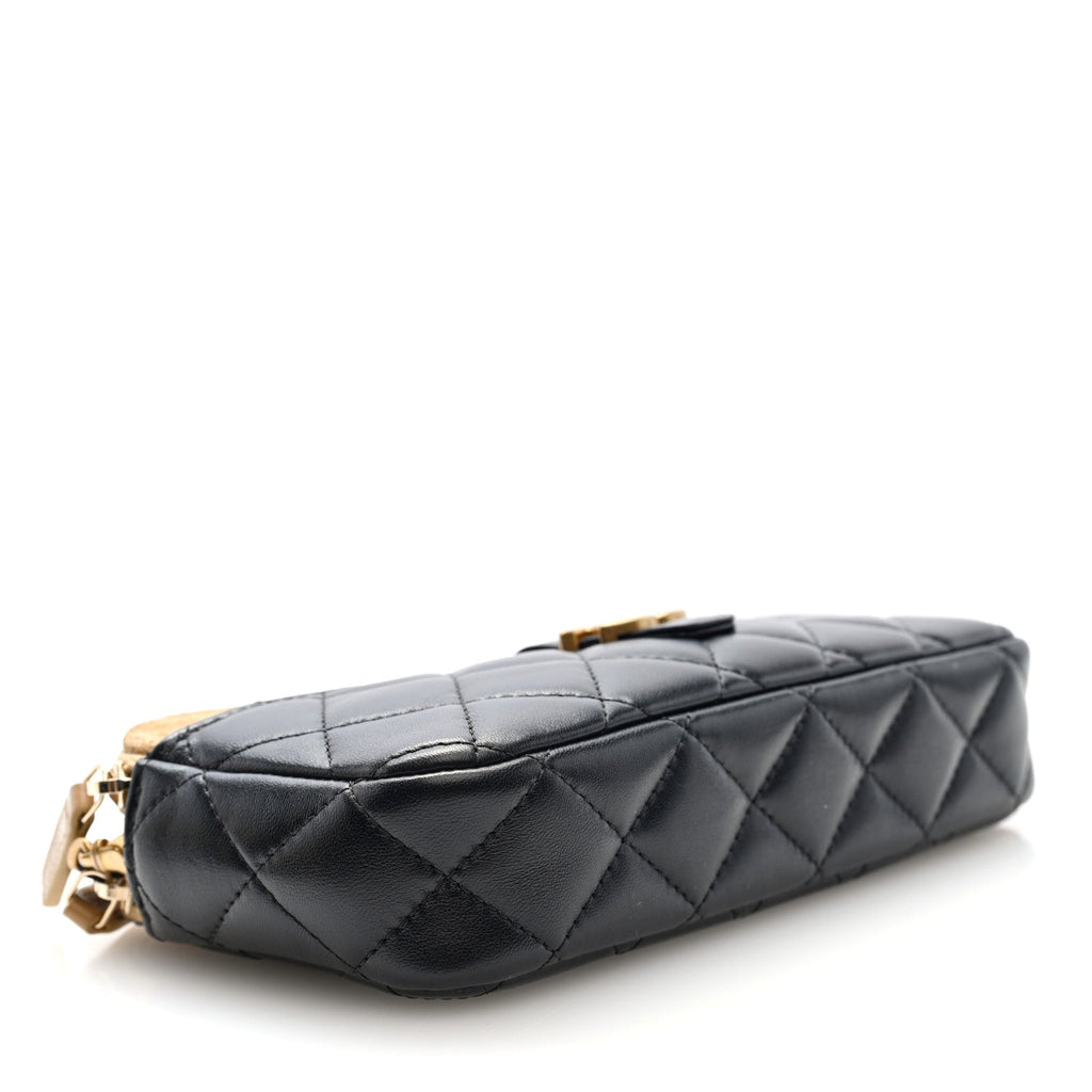 Suede Shiny Lambskin Quilted Phone Holder With Chain Black Beige