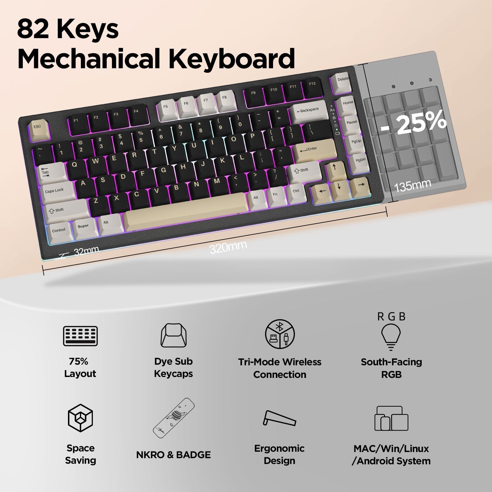 YZ75 75% Hot Swappable Wireless Gaming Mechanical Keyboard, RGB Backlights, BT5.0/2.4G/USB-C, Dye Sub PBT Keycaps for Linux/Win/Mac -black-Gateron Red Switch