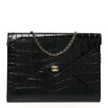 Calfskin Crocodile Embossed Croc Illusion Clutch With Chain  Black