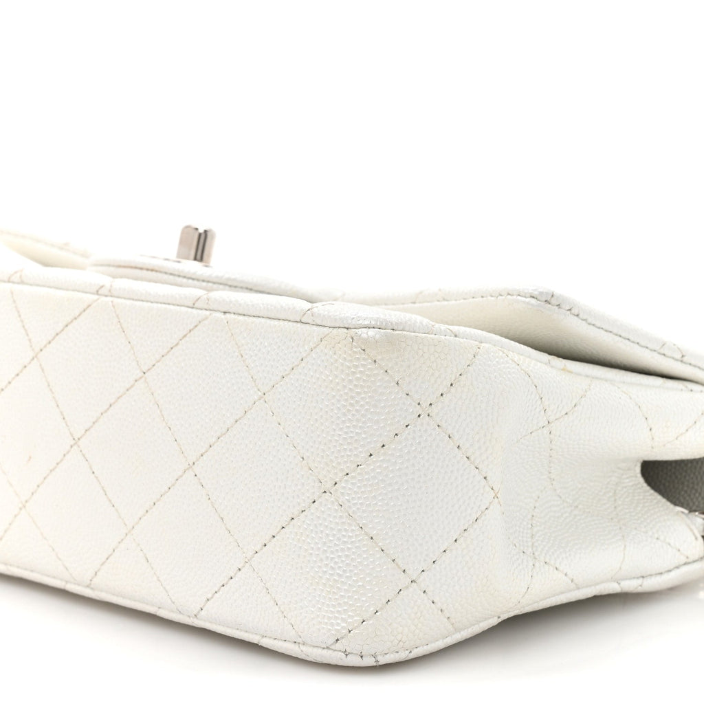 Metallic Caviar Quilted Mini Top Handle Rectangular Flap White