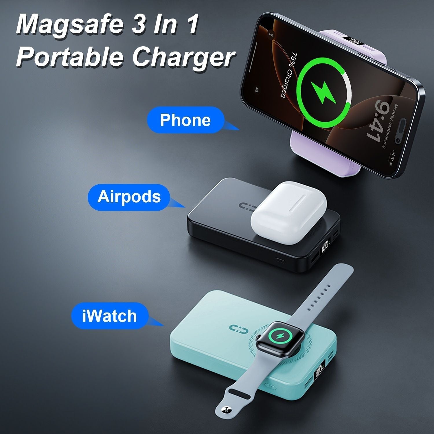3 In 1 10000mAh MagSafe Fast Charging Power Bank PD20W Portable Charger with 2 Built In Cables Stand Fit for IOS Phone 16 15 13 Series And More