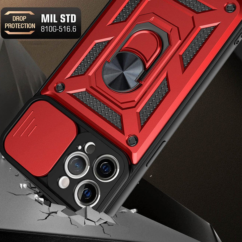 Kickstand Ring Holder With Slide Camera Cover Tpu Shockproof Case And Magnetic Car Mount For Apple Iphone 12 Pro Max In Red