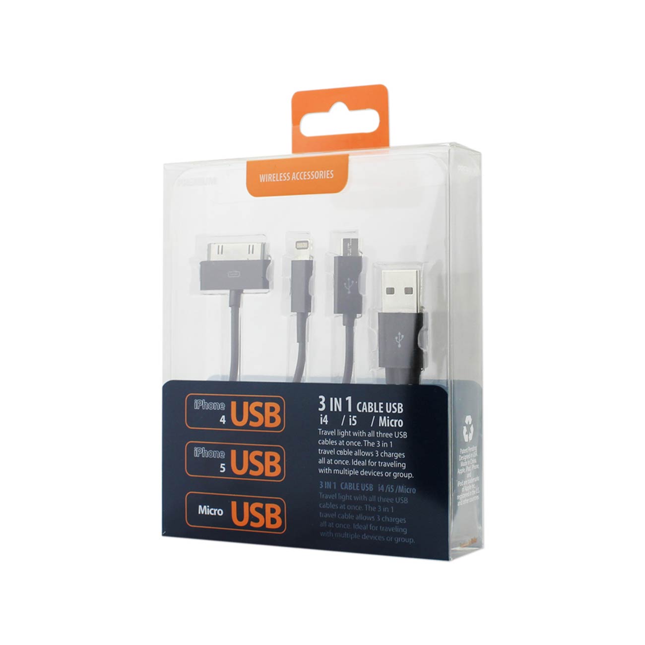 Reiko 8 Pin And Micro Usb Trio 3-In-1 Usb Data Cable 0.58Ft In Black