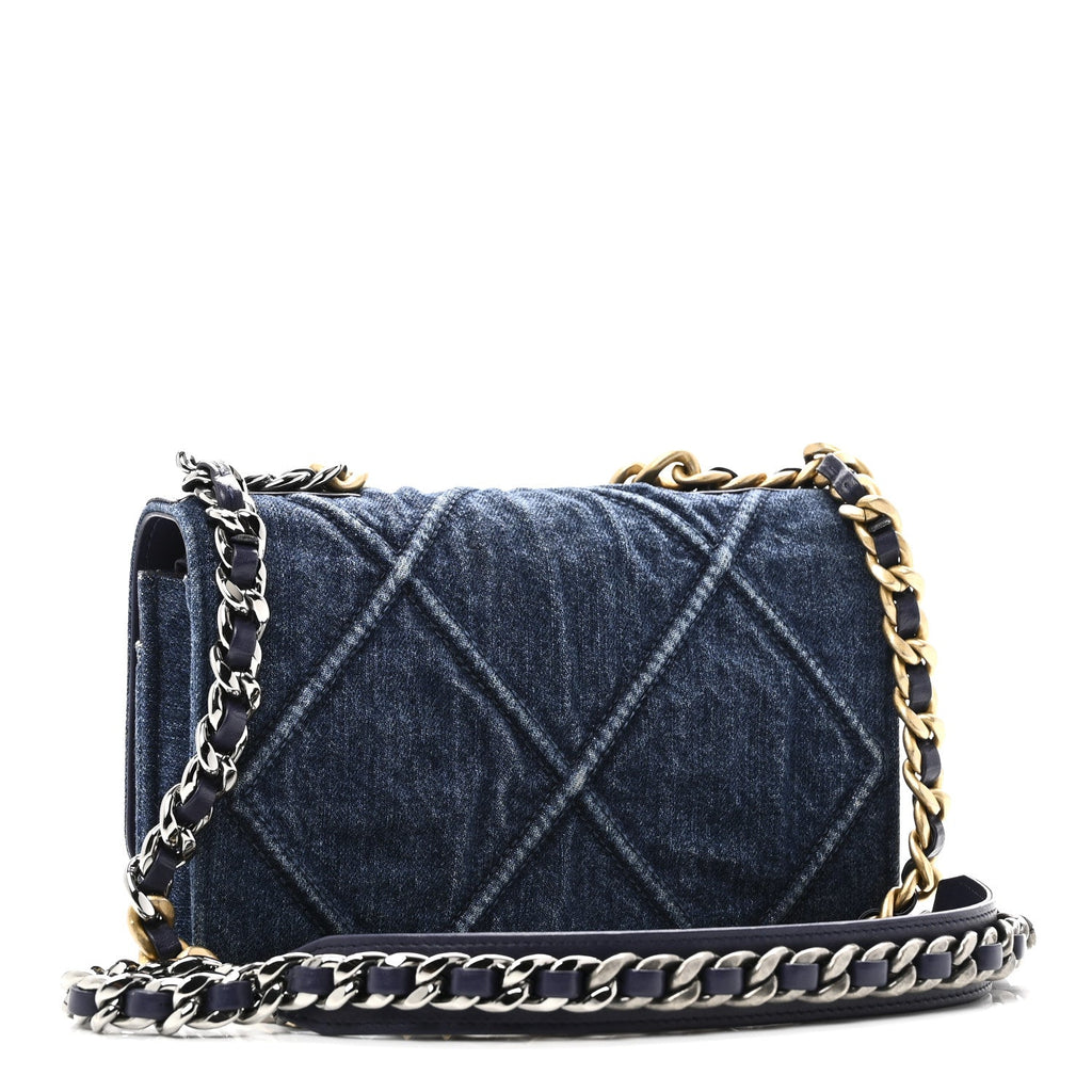 Denim Quilted Chanel 19 Wallet On Chain WOC Blue