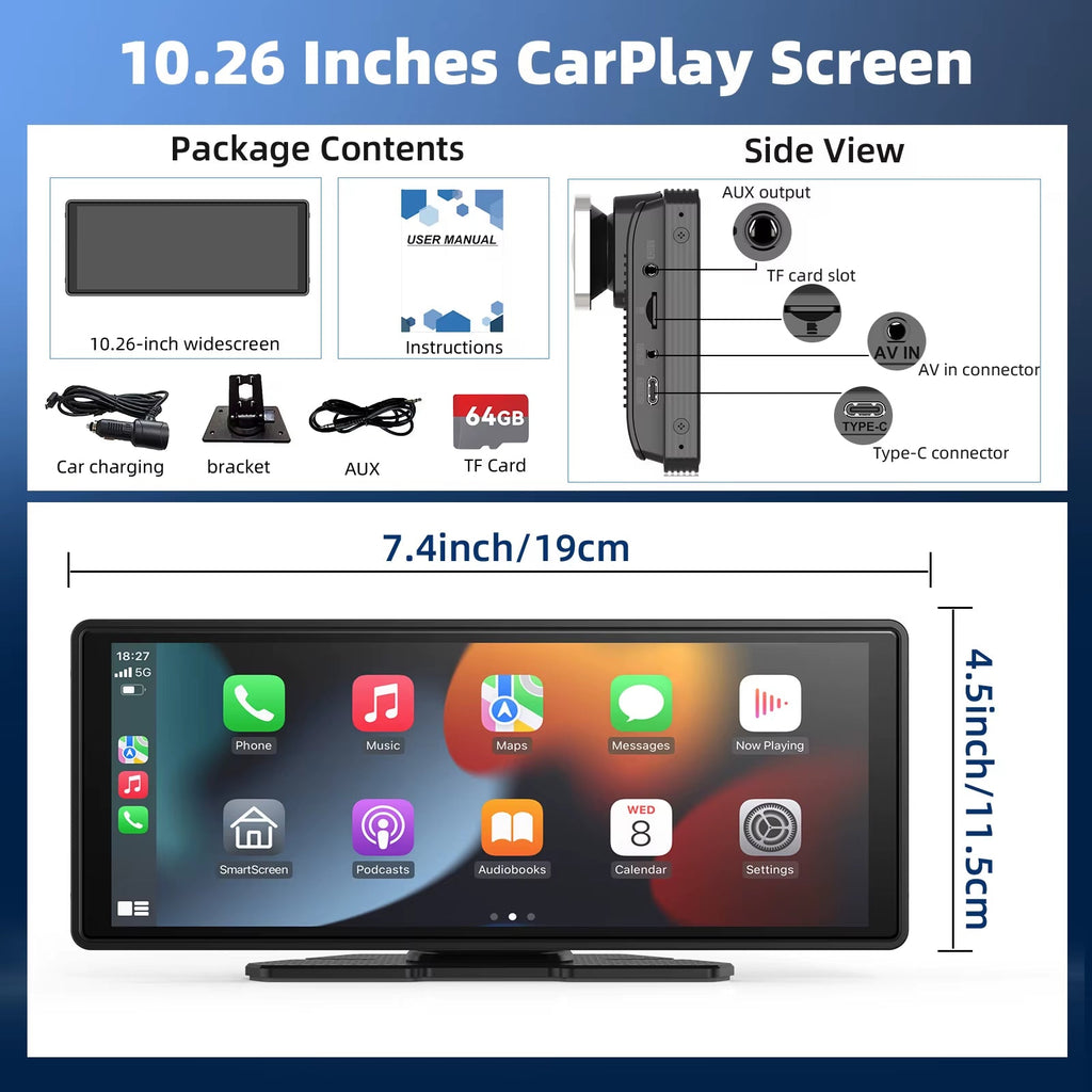 Portable Wireless CarPlay Car Stereo with 10.26" HD Touchscreen, Android Auto, Mirror Link, and Backup Camera Compatibility - 64gb Tf Card