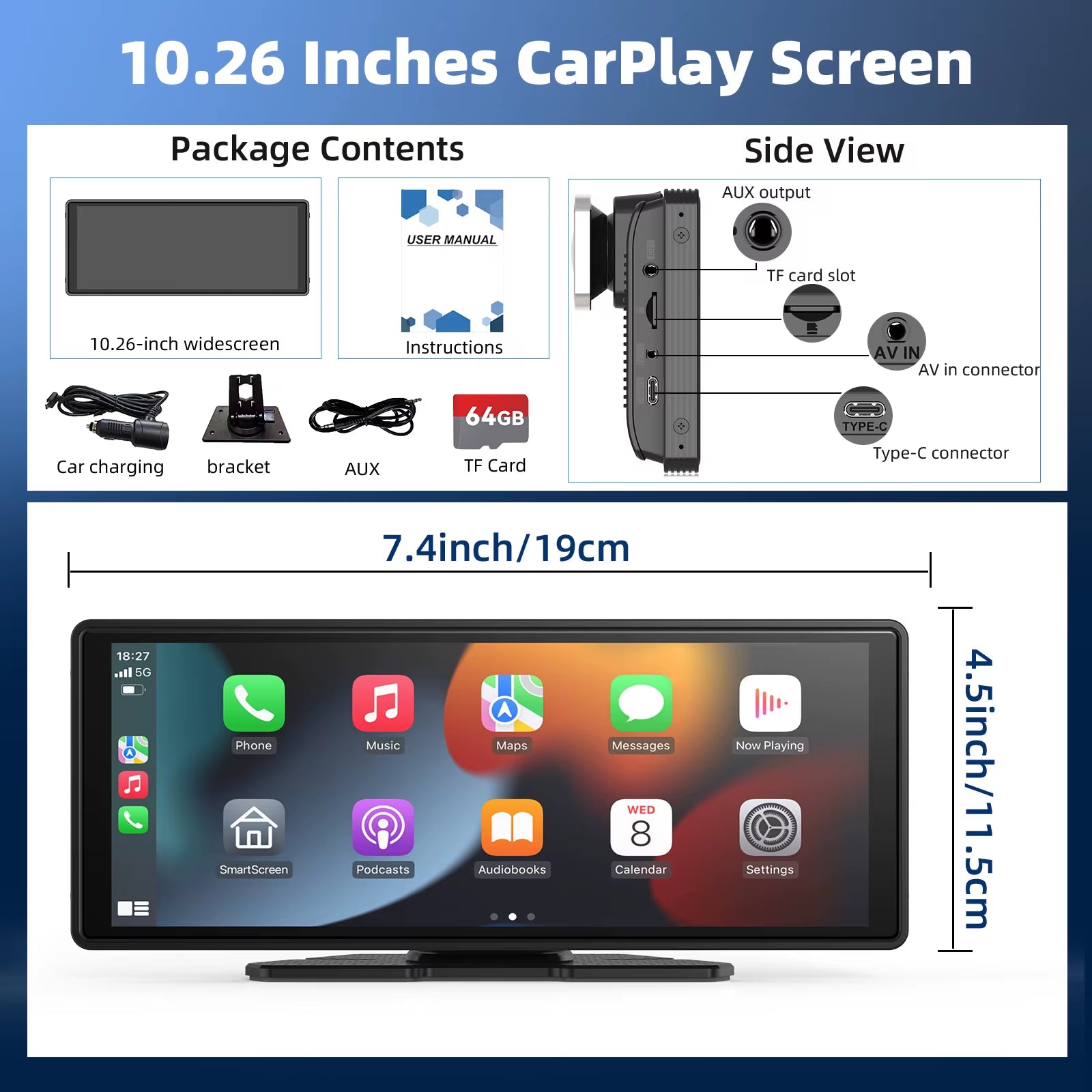 Portable Wireless CarPlay Car Stereo with 10.26" HD Touchscreen, Android Auto, Mirror Link, and Backup Camera Compatibility - 64gb Tf Card