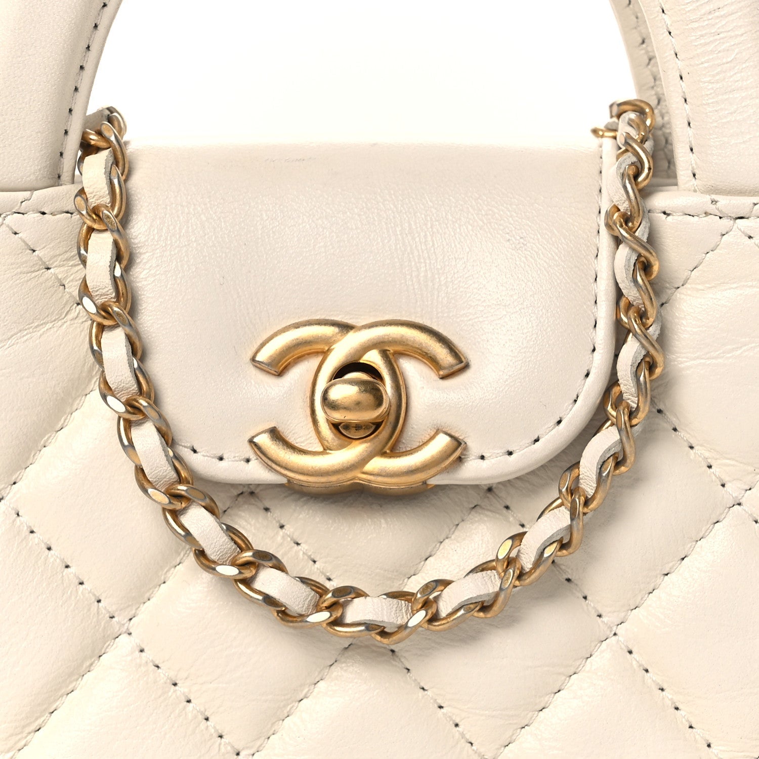 Shiny Aged Calfskin Quilted Mini Nano Kelly Shopper White