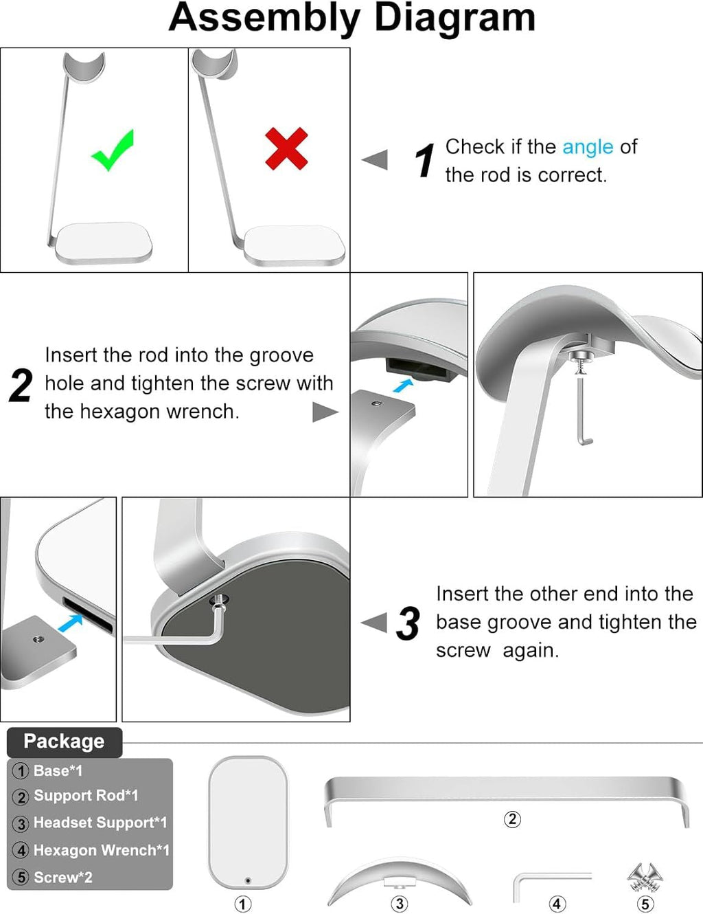 Headphone Stand for AirPods Max, Headset Holder with Aluminum Supporting Rod, Heavy Base Desk Stand Headphones Support Accessory for All Headphones - Silver White