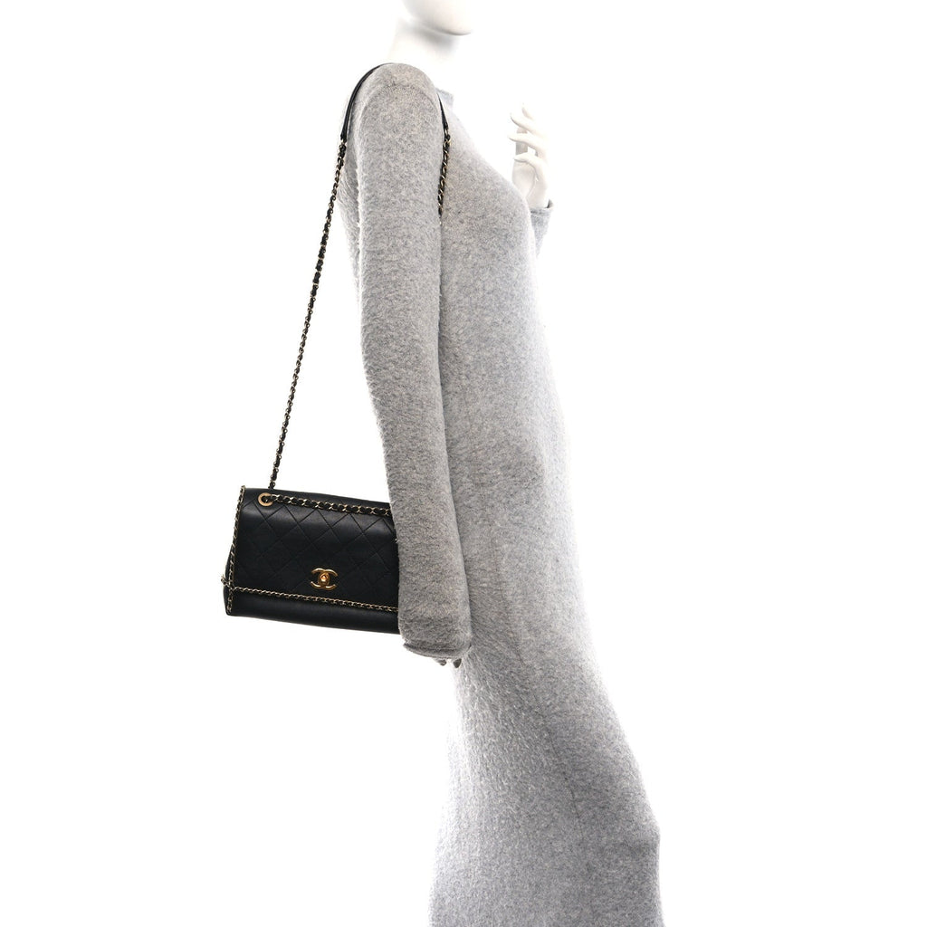 Calfskin Stitched Chain Flap Black