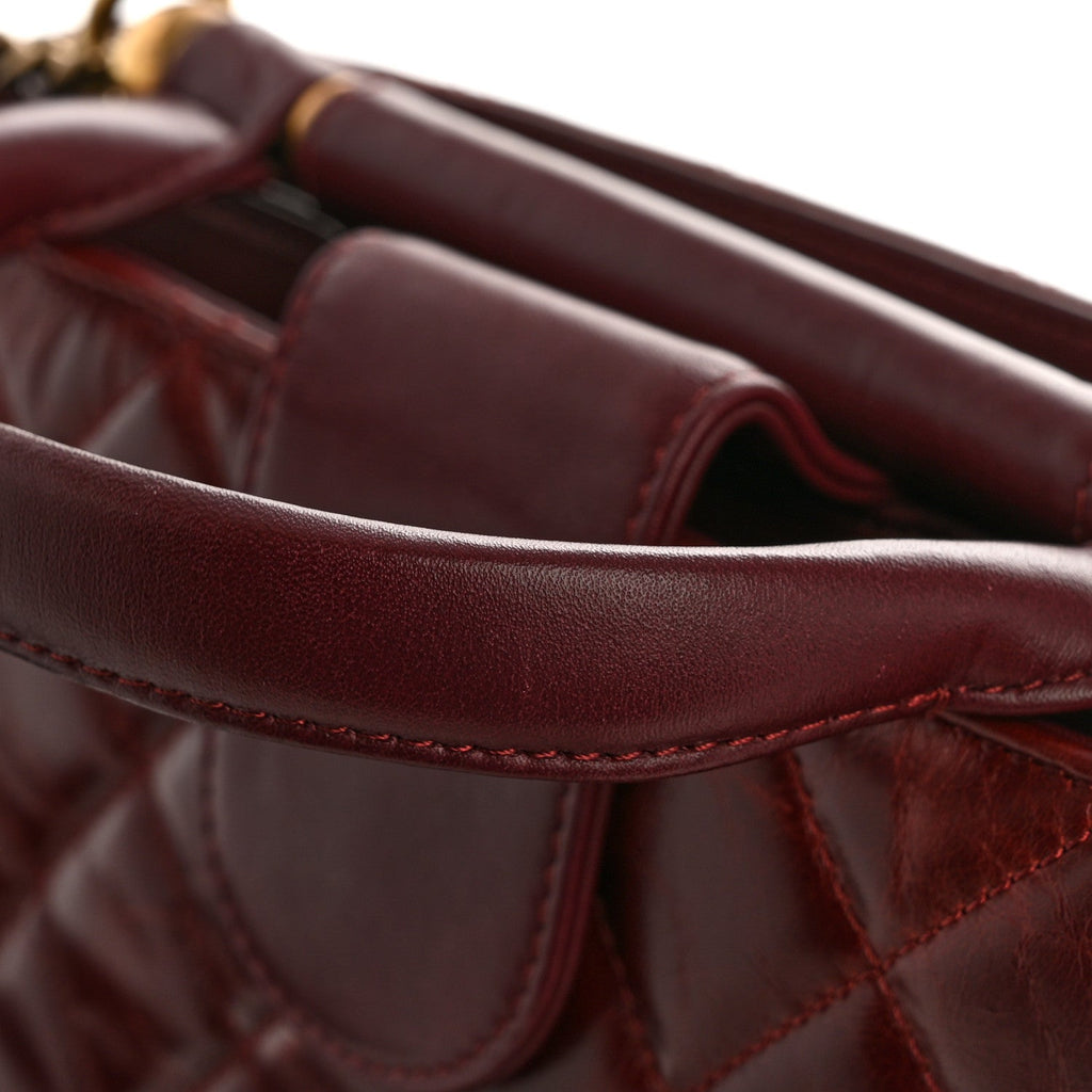 Glazed Calfskin Quilted Small Gold Bar Tote Red