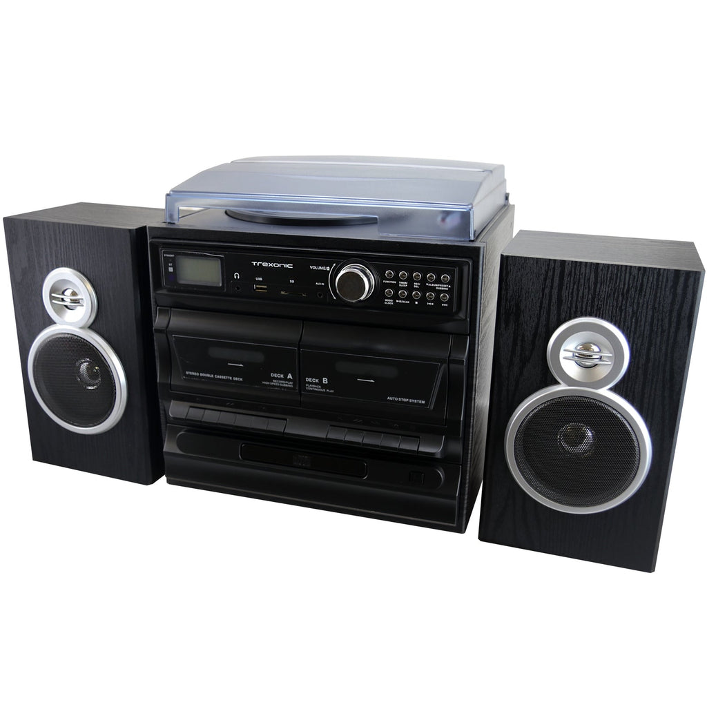 3-Speed Vinyl Turntable Home Stereo System with CD Player, Dual Cassette Player, Bluetooth, FM Radio & USB/SD Recording and Wired Shelf Speakers