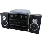 3-Speed Vinyl Turntable Home Stereo System with CD Player, Dual Cassette Player, Bluetooth, FM Radio & USB/SD Recording and Wired Shelf Speakers