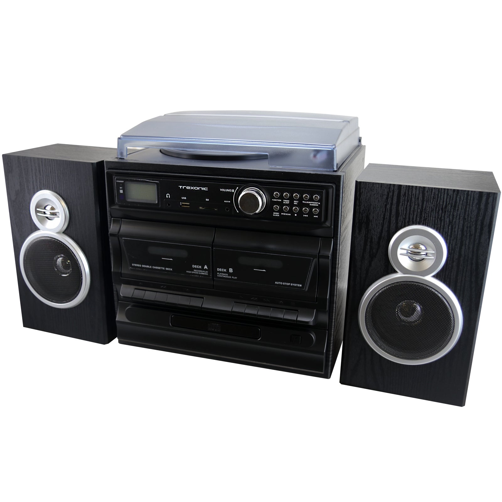 3-Speed Vinyl Turntable Home Stereo System with CD Player, Dual Cassette Player, Bluetooth, FM Radio & USB/SD Recording and Wired Shelf Speakers